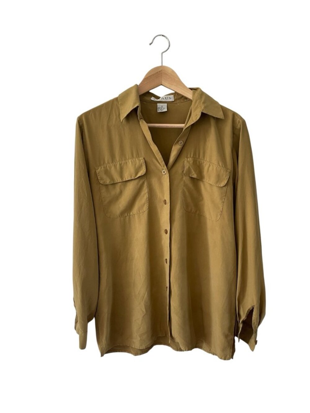 100% Silk Blouse Button Down Shirt Size 8 Easy Care Olive Green